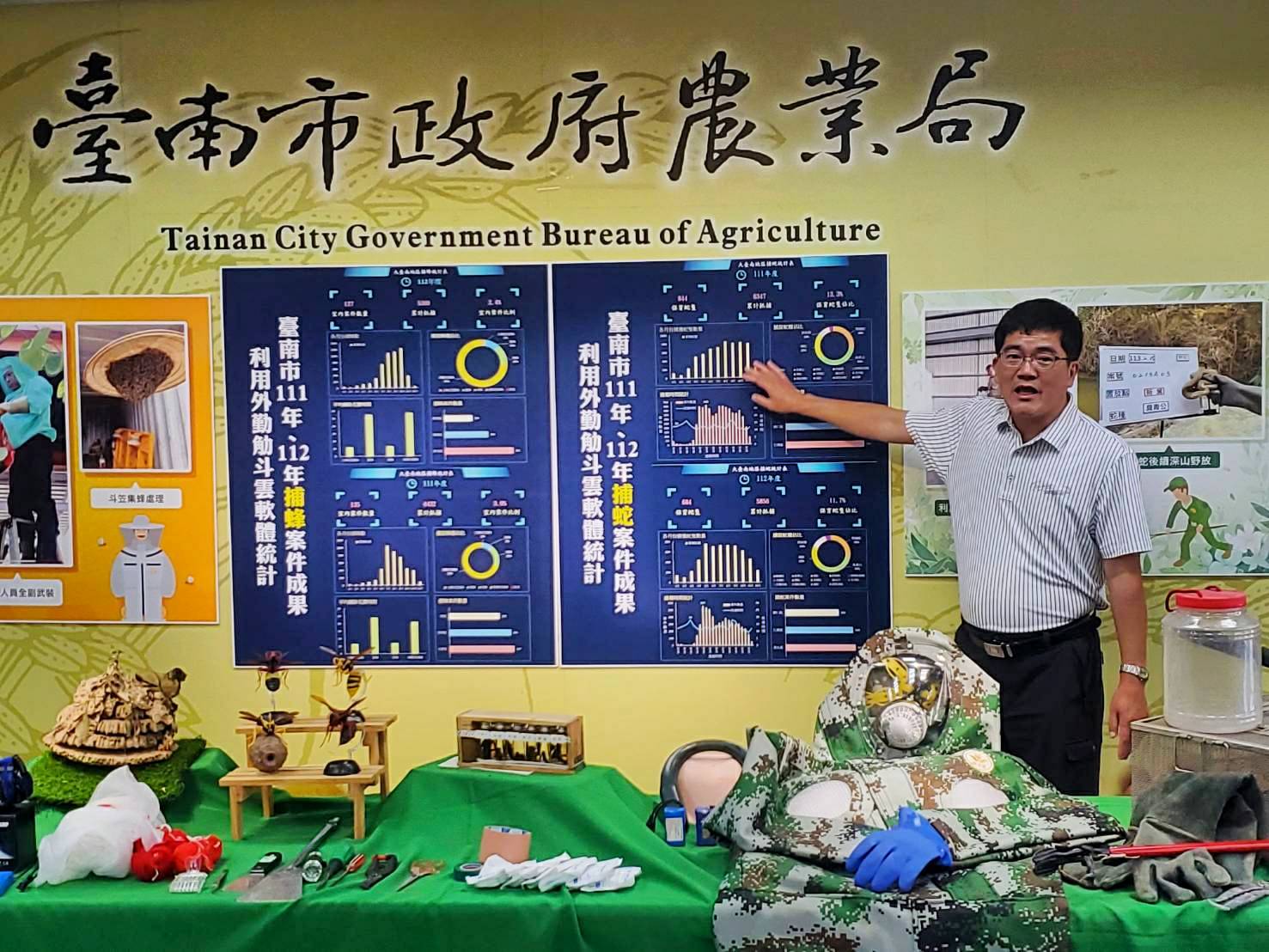 ▲市府森林及自然保育科科長朱健明說明近兩年捕蜂捉蛇案件成果圖。（圖／農業局提供）