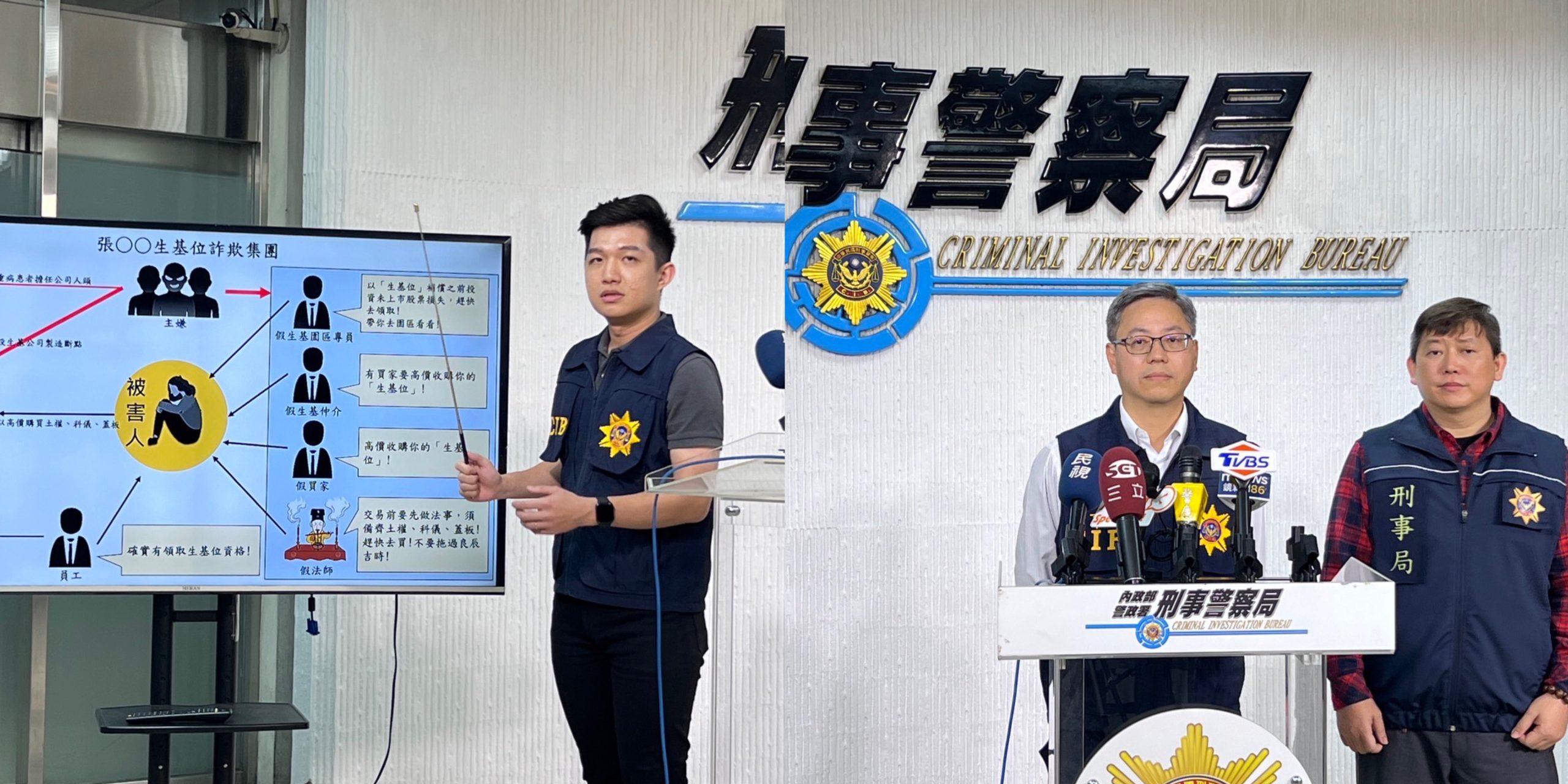 偵查第一大隊第二隊偵查員鄭竣元(圖左) 偵查第一大隊副大隊長李建翰(圖右)說明犯案手法及案情畫面。（圖/記者 張泓笙翻攝）