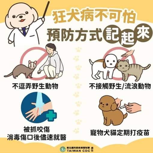 ▲防範狂犬病二不一要，不接觸野生動物、不棄養犬貓寵物、要定期帶犬貓施打狂犬病疫苗。（苗栗縣政府提供）
