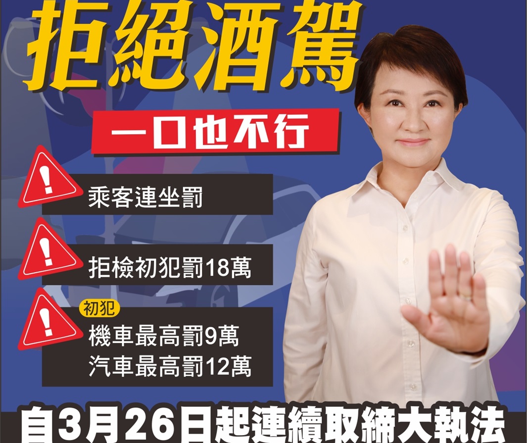 ▲圖說:中市警於3月26日起執行「防制酒後駕車專案」,媽媽市長親上宣導 (圖/台中市政府提供)