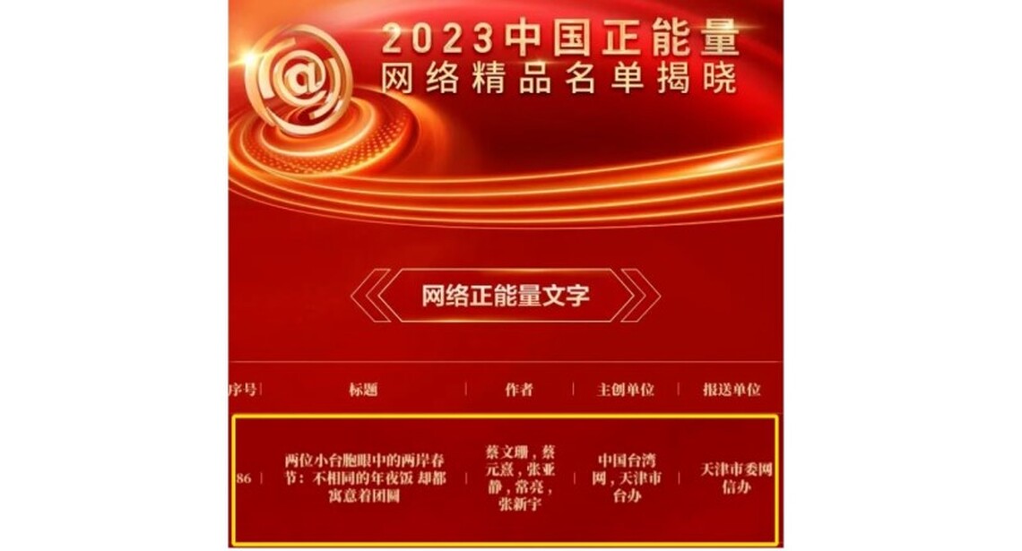 天津市台辦主創作品再度入選“中國正能量網路精品”