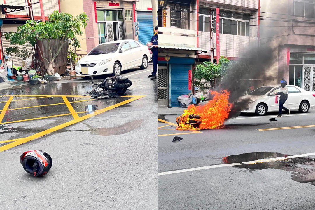 ▲彰化縣社頭鄉員集路一巷口發生二台機車碰撞事故,猛烈的撞擊,造成一部機車起火燃燒,嚇壞路人,二名騎士均受傷送醫。(民眾提供)