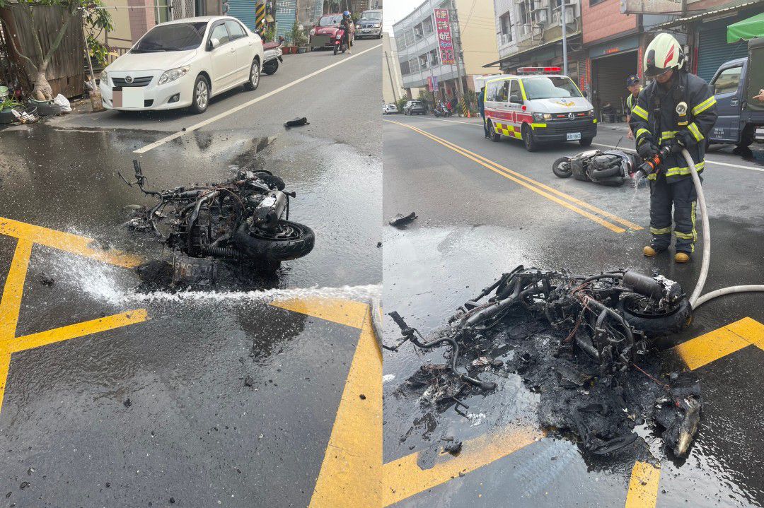 ▲彰化縣社頭鄉員集路一巷口發生二台機車碰撞事故，猛烈的撞擊，造成一部機車起火燃燒，嚇壞路人，二名騎士均受傷送醫。（民眾提供）