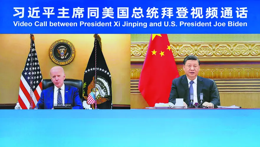 應美國之邀,大陸國家主席習近平2日間與美國總統拜登通電話,談台海及其他國際問題,圖為2年前的3月18日拜習視訊通話。圖/引自北京經濟日報