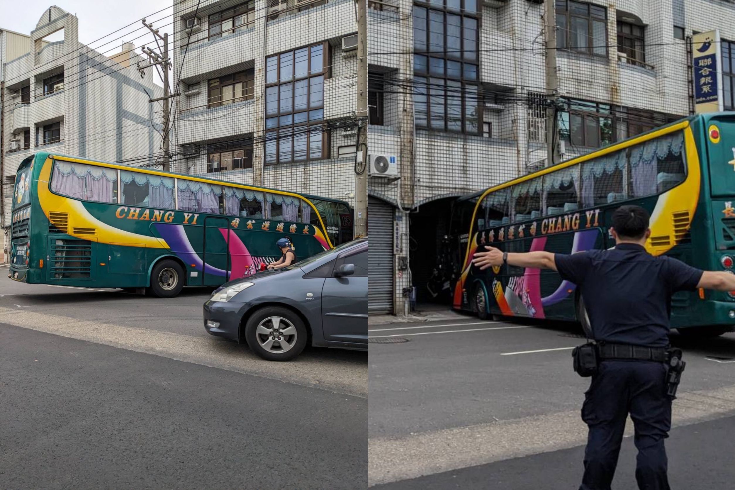▲和美鎮彰美路與東發路口一輛遊覽車疑似迴轉時，不慎車頭撞進民宅，卡進屋簷中，所幸沒有人員受傷。（民眾提供）