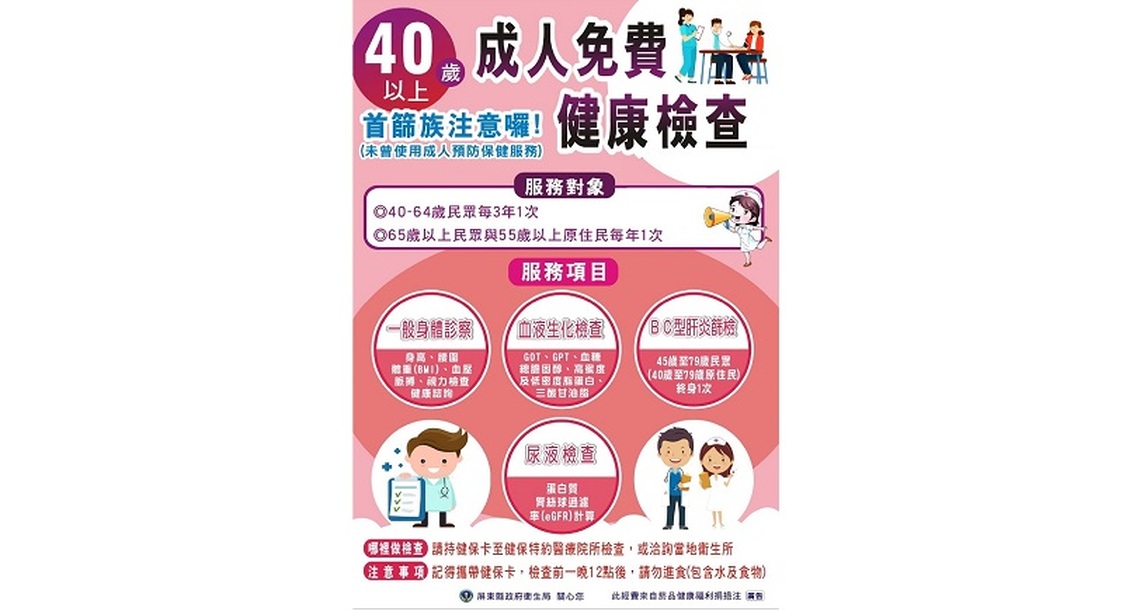 2024 屏東縣社區性整合性篩檢及成人健檢開跑   40至44歲首次篩檢享好禮