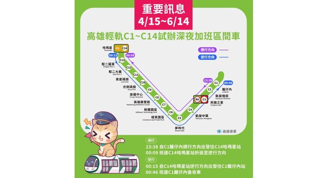 服務再升級 高雄輕軌試辦「深夜加班區間車」