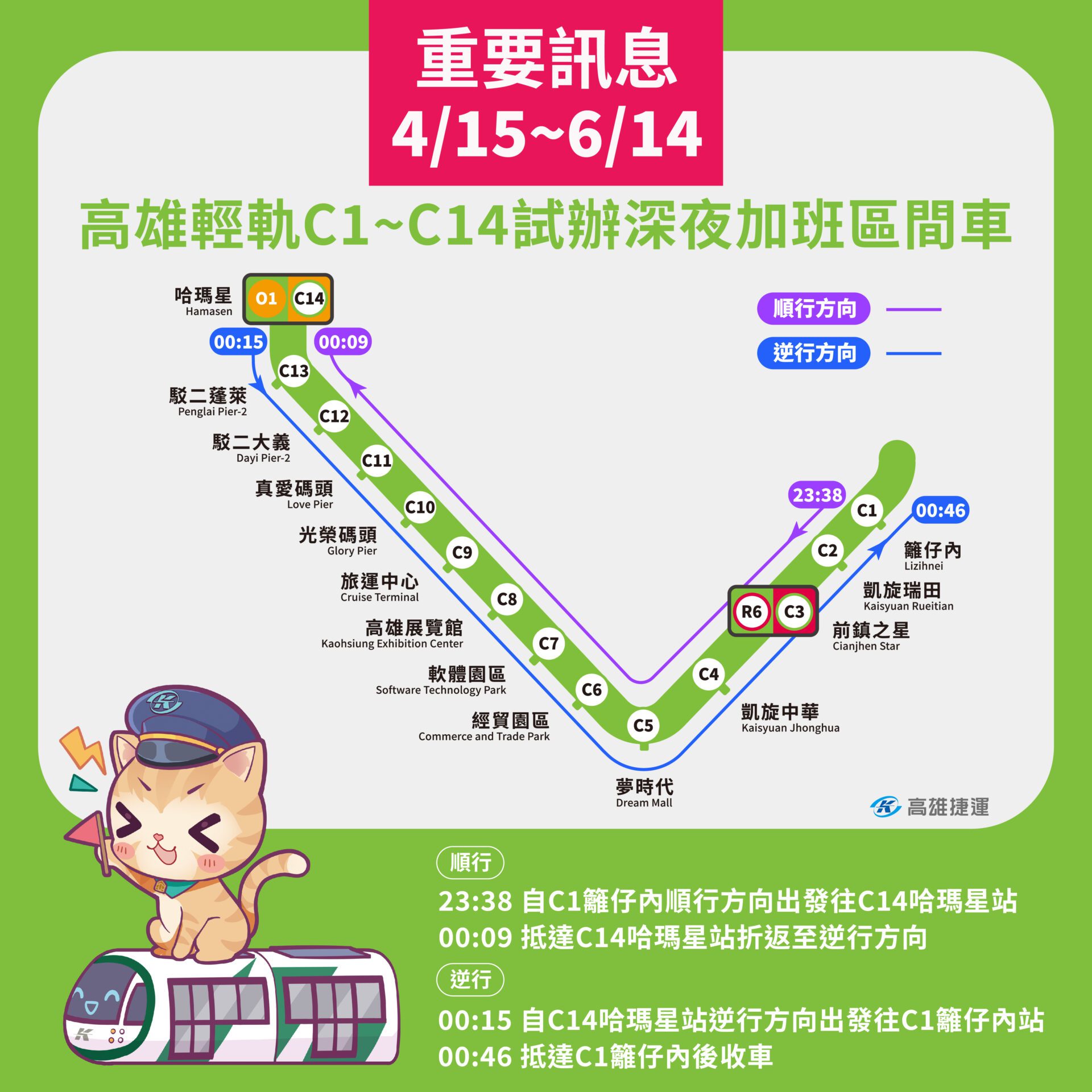 高雄捷運服務再升級　輕軌試辦「深夜加班區間車」