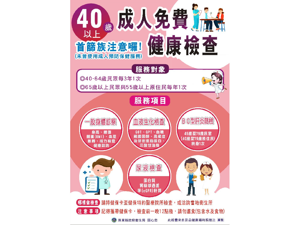 2024 屏東縣社區性整合性篩檢及成人健檢開跑  40至44歲首次篩檢享好禮