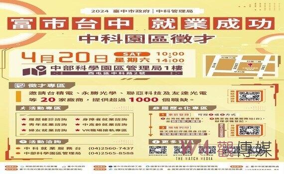 中市府攜手中科局4/20辦徵才!台積電等20家廠商釋出上千個職缺