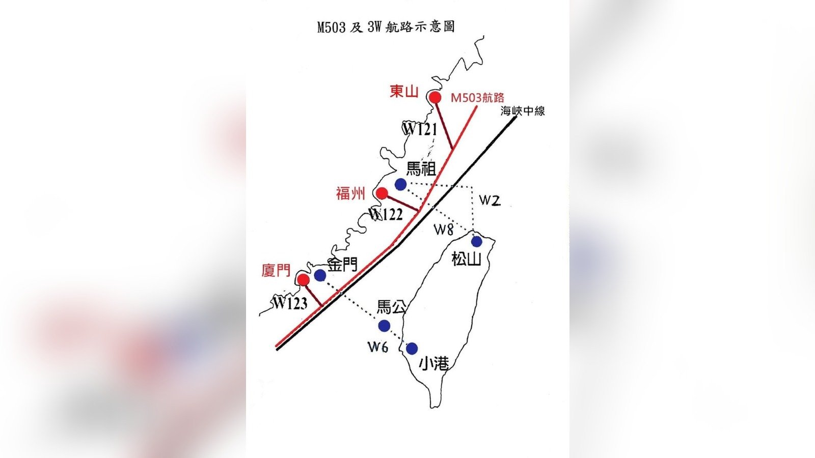 M503、W122與W123航線示意圖。交通部民航局提供