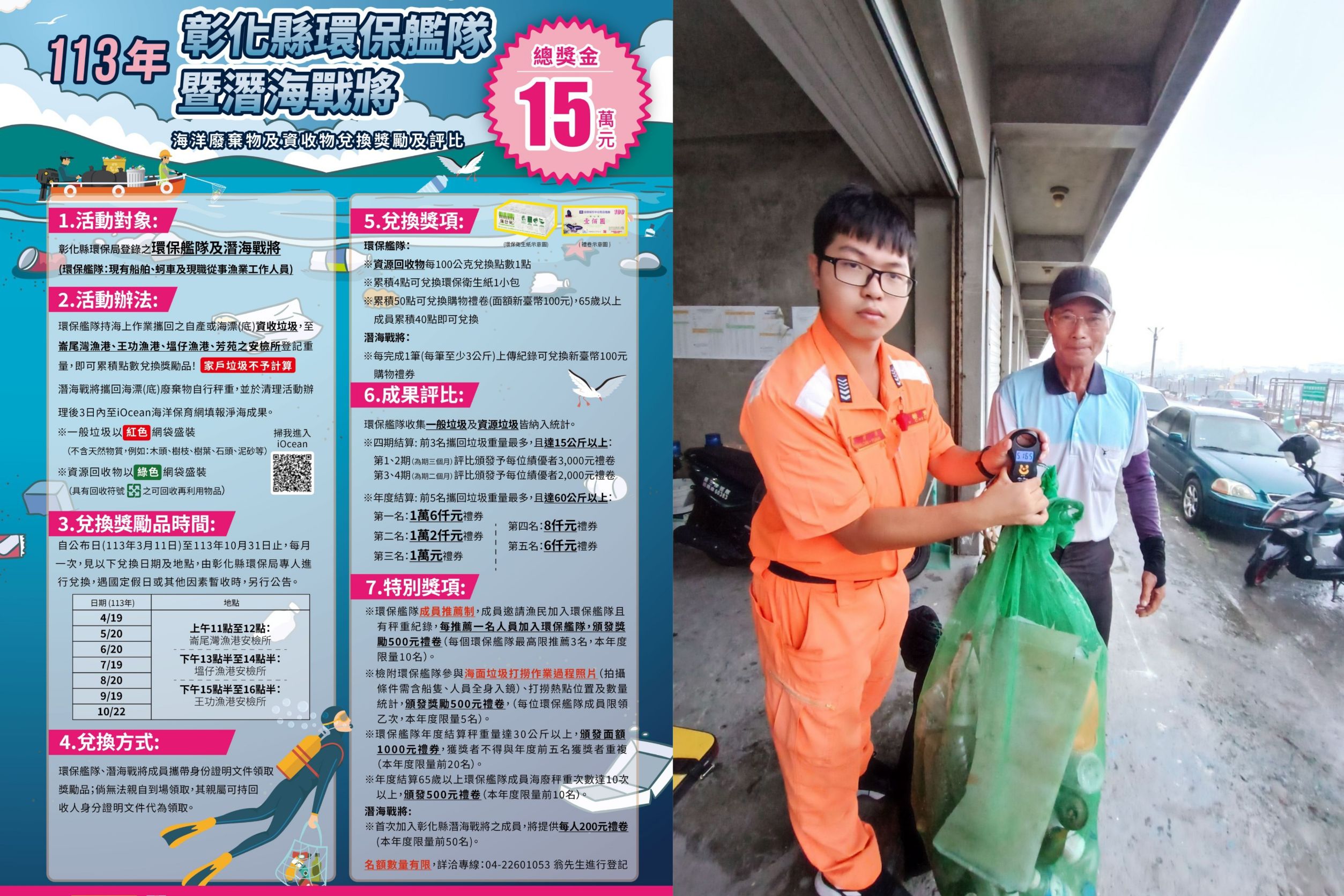 ▲彰化縣環境保護局推動環保艦隊計畫,已有273艘船筏加入此行列,透過在地漁民及蚵農的一邊作業一邊打撈海洋垃圾,一同守護海洋。(彰化縣環保局提供)