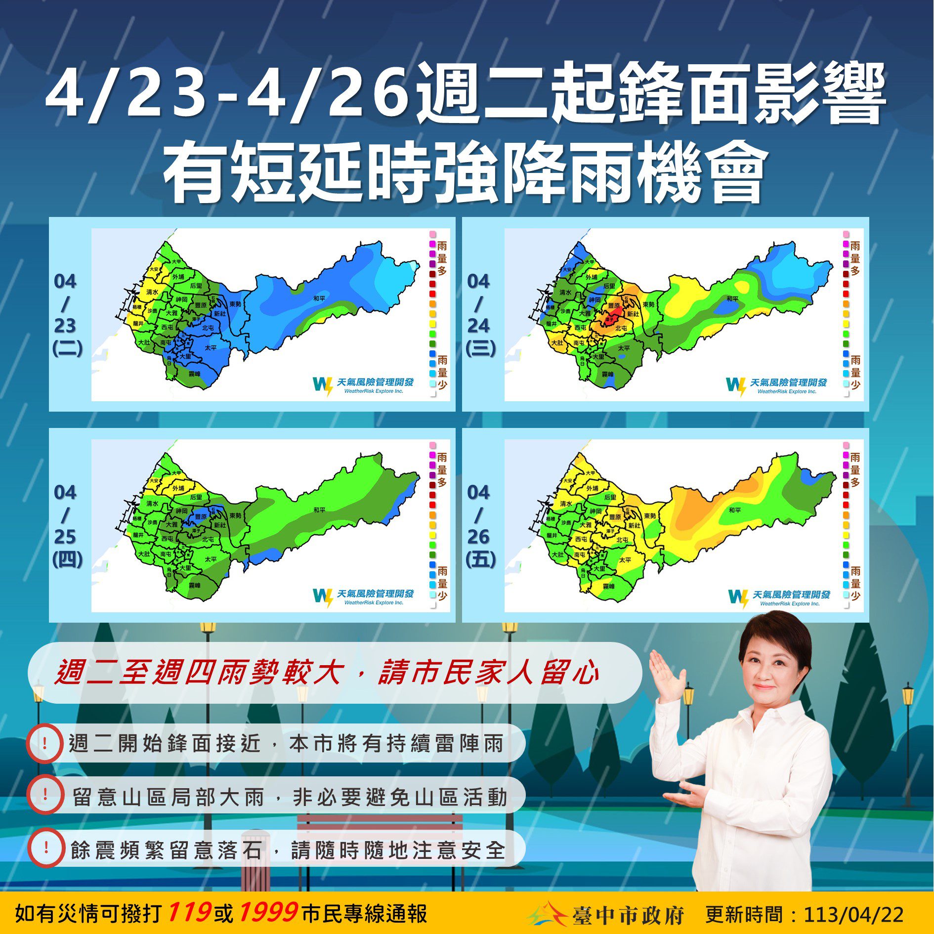 嚴防短延時強降雨　中市水利局今晚開設三級應變中心