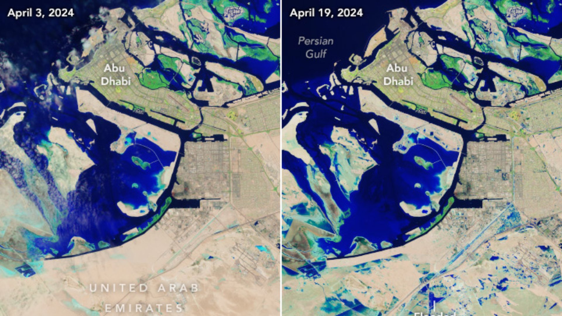 Landsat 9 衛星拍攝洪災發生前後的杜拜上空影像,左圖為4月3日影像,右圖為4月19日的影像。翻攝NASA網站
