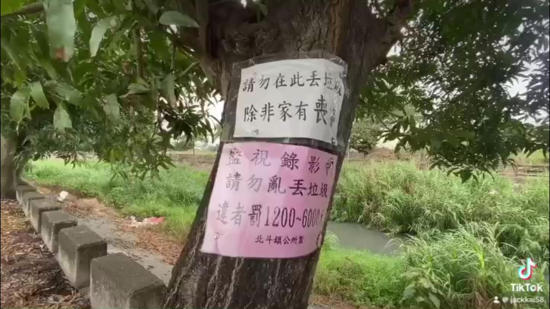 ▲北斗鎮清水溪堤岸經常被民眾「摸黑」亂丟垃圾，北斗鎮大道里里長許明圖在沿岸樹木貼上「請勿在此丟垃圾，除非家有喪事」告示奏效。（記者張溎壕攝）