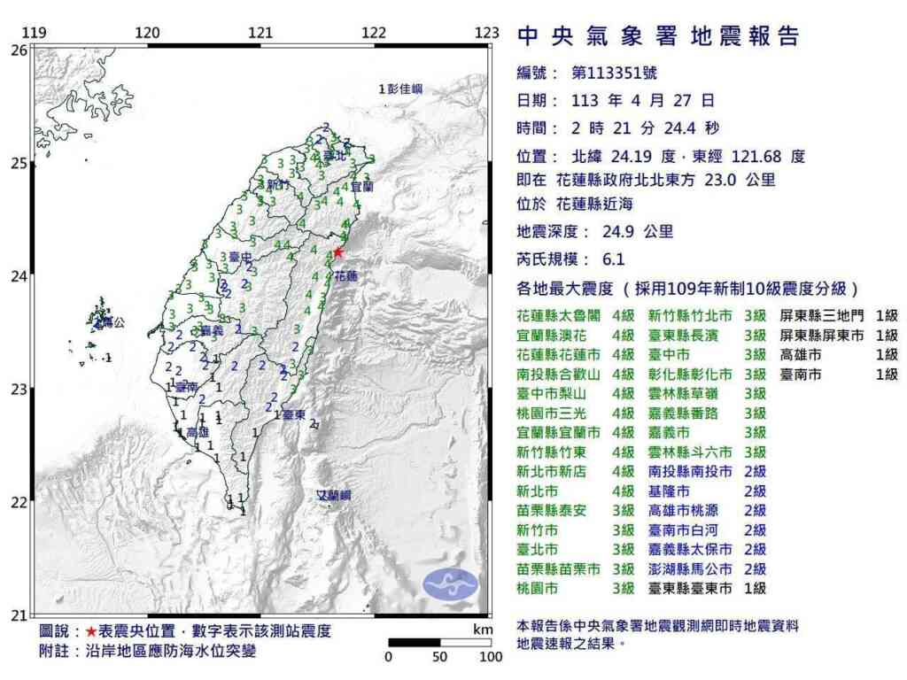 ▲4月27日凌晨2時21分許發生規模6.1的地震,最大震度4級。(氣象署提供提供)
