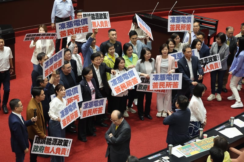 立法院會30日處理國民黨團所提停止調漲電價案,國民黨與民眾黨挾人數優勢通過國民黨團提案,決議立即停止調漲電價。圖為國民黨立委表決後開心合影。中央社
