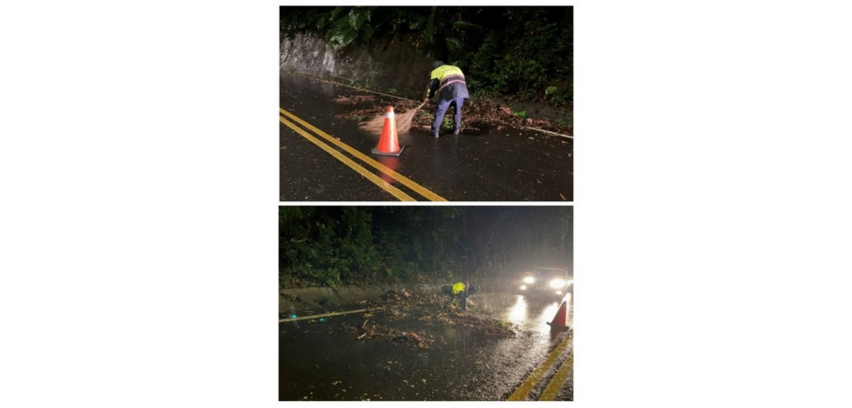 樹葉佈滿路面 雲林縣斗南分局華山警冒雨清除維交安