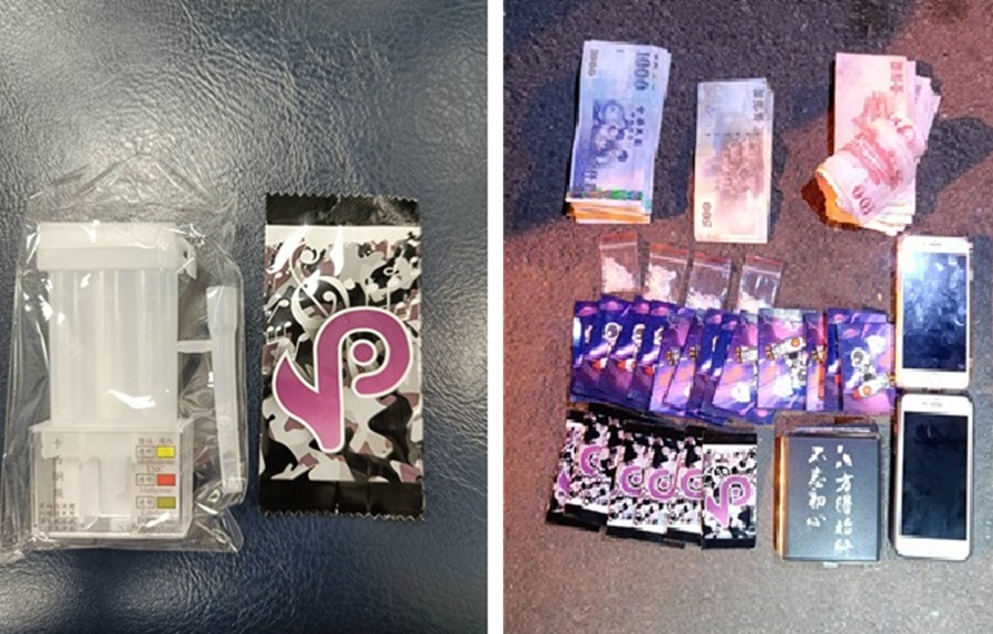 ▲圖說:警方於販毒集團處所查扣毒品咖啡包、愷他命、k盤、現金2萬餘元等證物 (圖/台中市政府提供)
