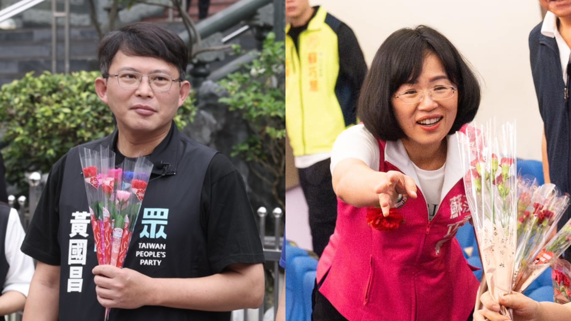  民眾黨立委黃國昌、民進黨立委蘇巧慧今天都參加母親節活動，拚場意味十足。中央社、蘇巧慧臉書