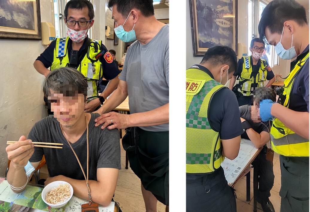▲圖說:江男用餐時手持筷全身僵硬,警消到場檢測發現血糖過低,立即補充葡萄糖治療 (圖/台中市政府提供)
