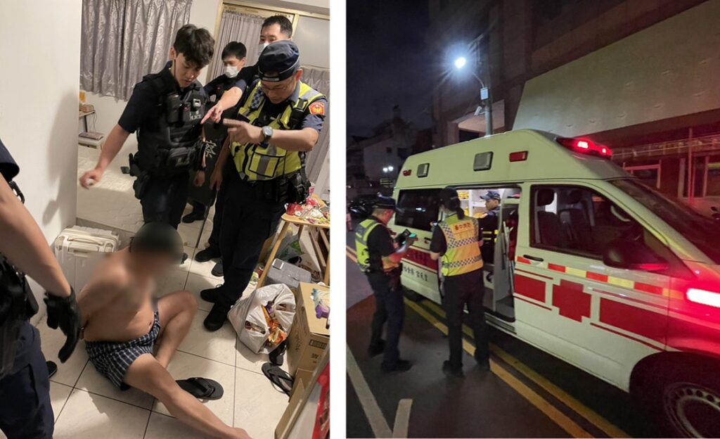 ▲圖說:員警迅速進入屋內,將情緒失控而丟擲冰箱的鍾男保護管束並送醫 (圖/台中市政府提供)