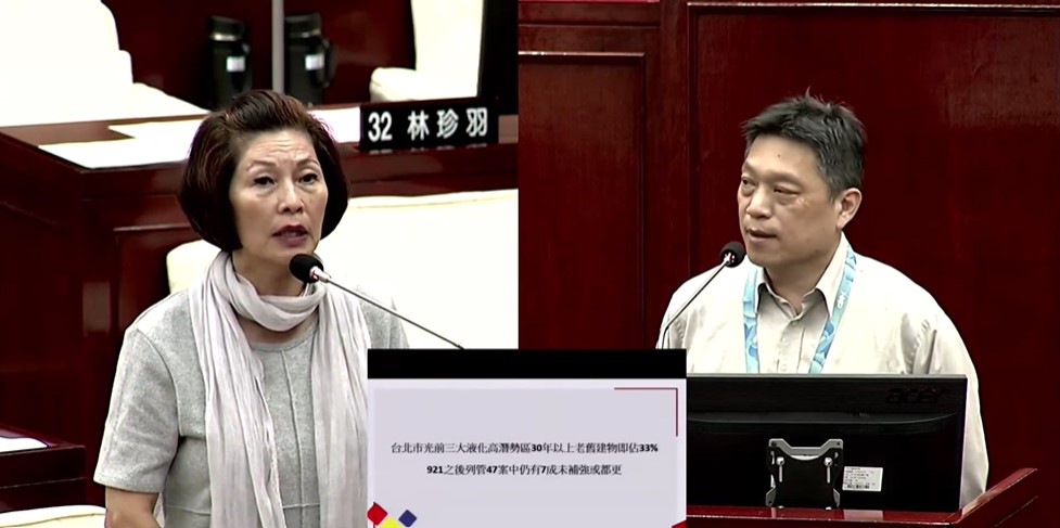台北市議員汪志冰擔憂老舊建物多數為補強、都更,要求建管處加速推動危老重建或都更,保障民眾生命財產安全。(記者張欽翻攝)