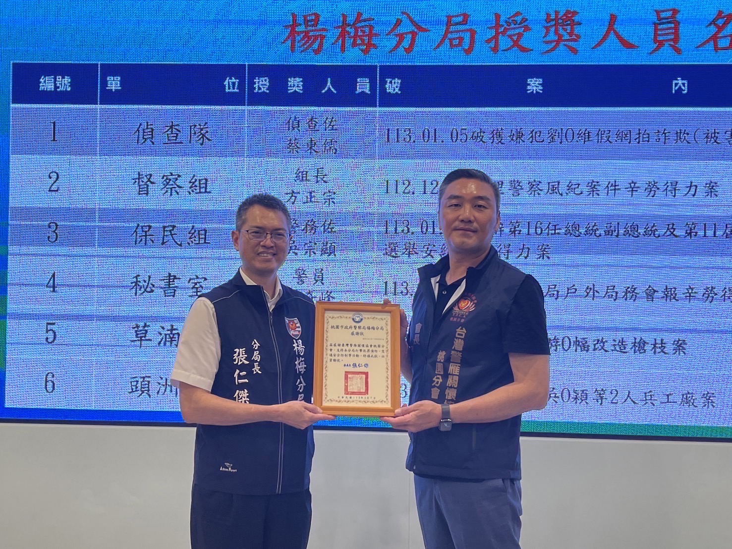 楊梅分局長張仁傑代表楊梅分局回贈桃園分會感謝狀。（記者徐煜勝攝）