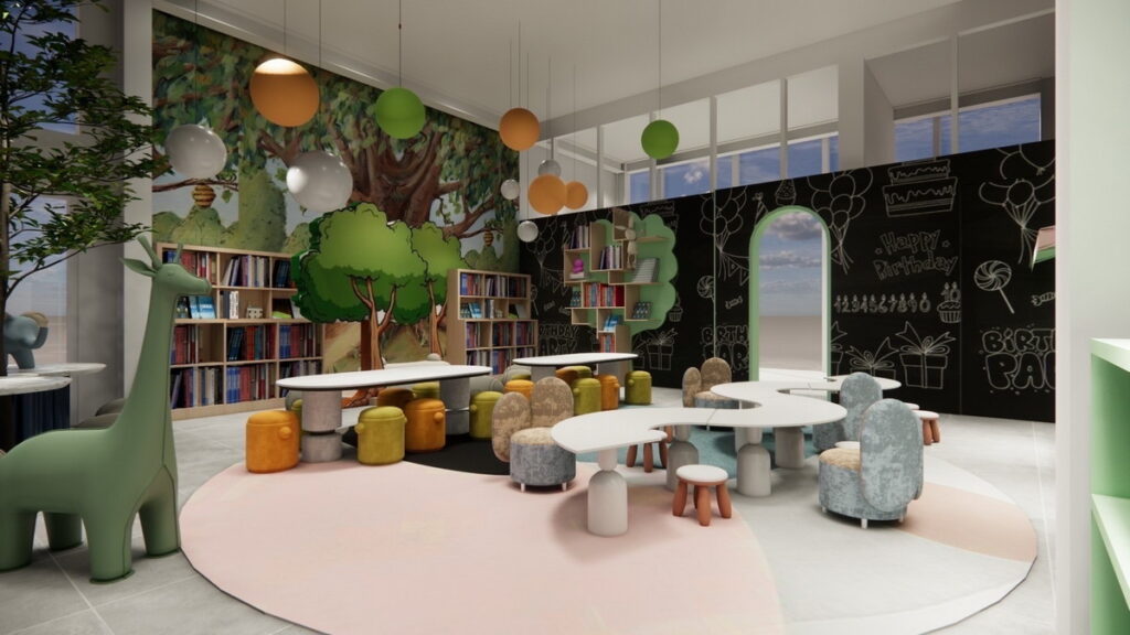 夢幻親子友善書店 「粿粿繪本館」全館由藝術家親手手繪,以淡雅舒心的色調和童趣可愛的造景融合空間主題打造。
