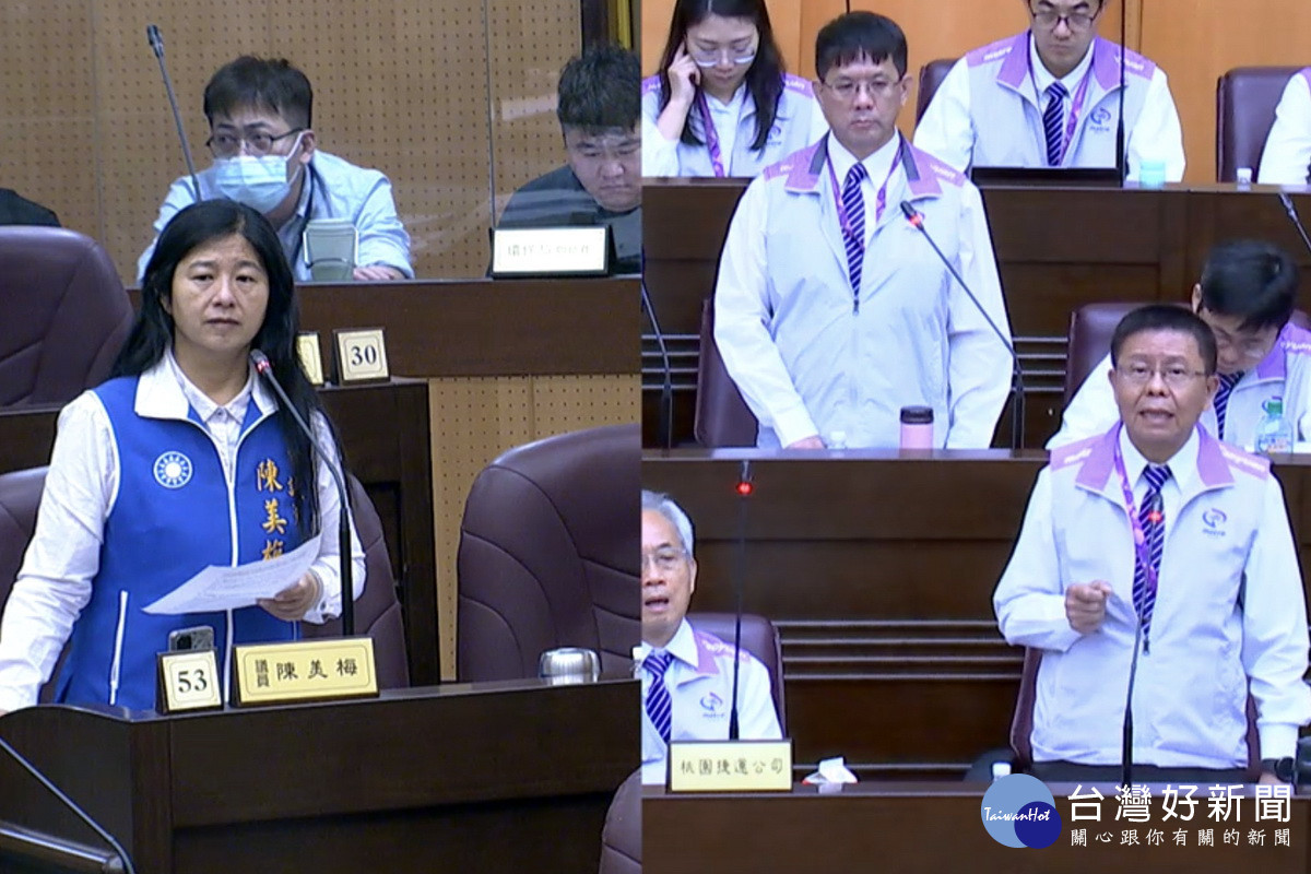 針對機捷運量,桃園市議員陳美梅於議事堂進行質詢。