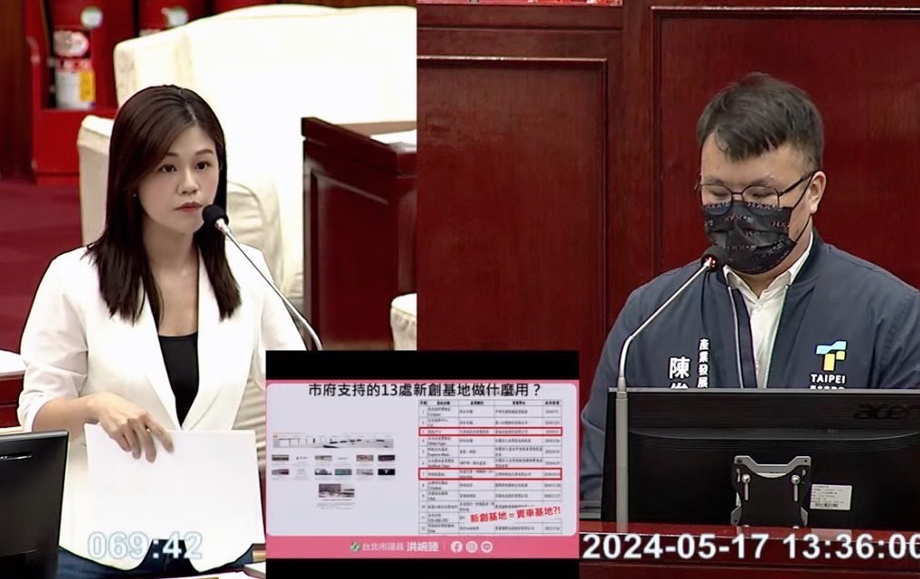北市議員洪婉臻今天在議會質詢市府時,質疑柯市府時代將內湖新創基地賤租給車商,要求檢討補救措施。(記者張欽翻攝)