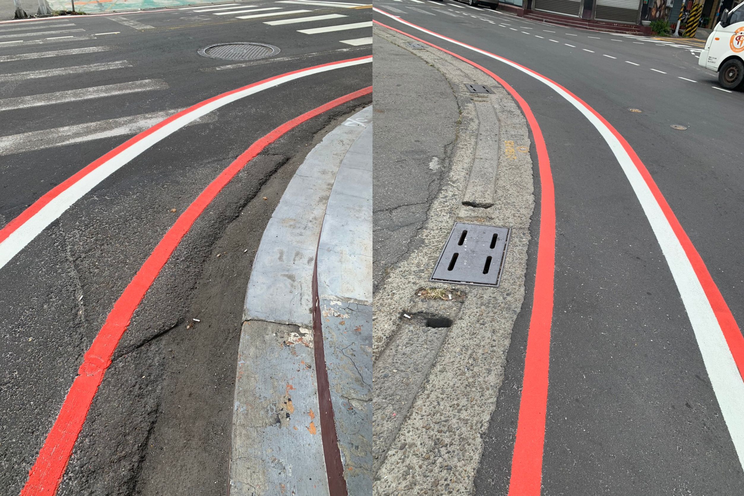 ▲花壇鄉花壇街等路段，最近出現紅、白、紅三條線並行的道路標線，員警看了也滿臉「三條線」，直呼「被考倒了」。（記者張溎壕攝）