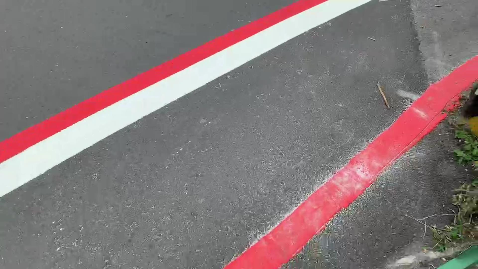 ▲花壇鄉花壇街等路段，最近出現紅、白、紅三條線並行的道路標線，員警看了也滿臉「三條線」，直呼「被考倒了」。（記者張溎壕攝）