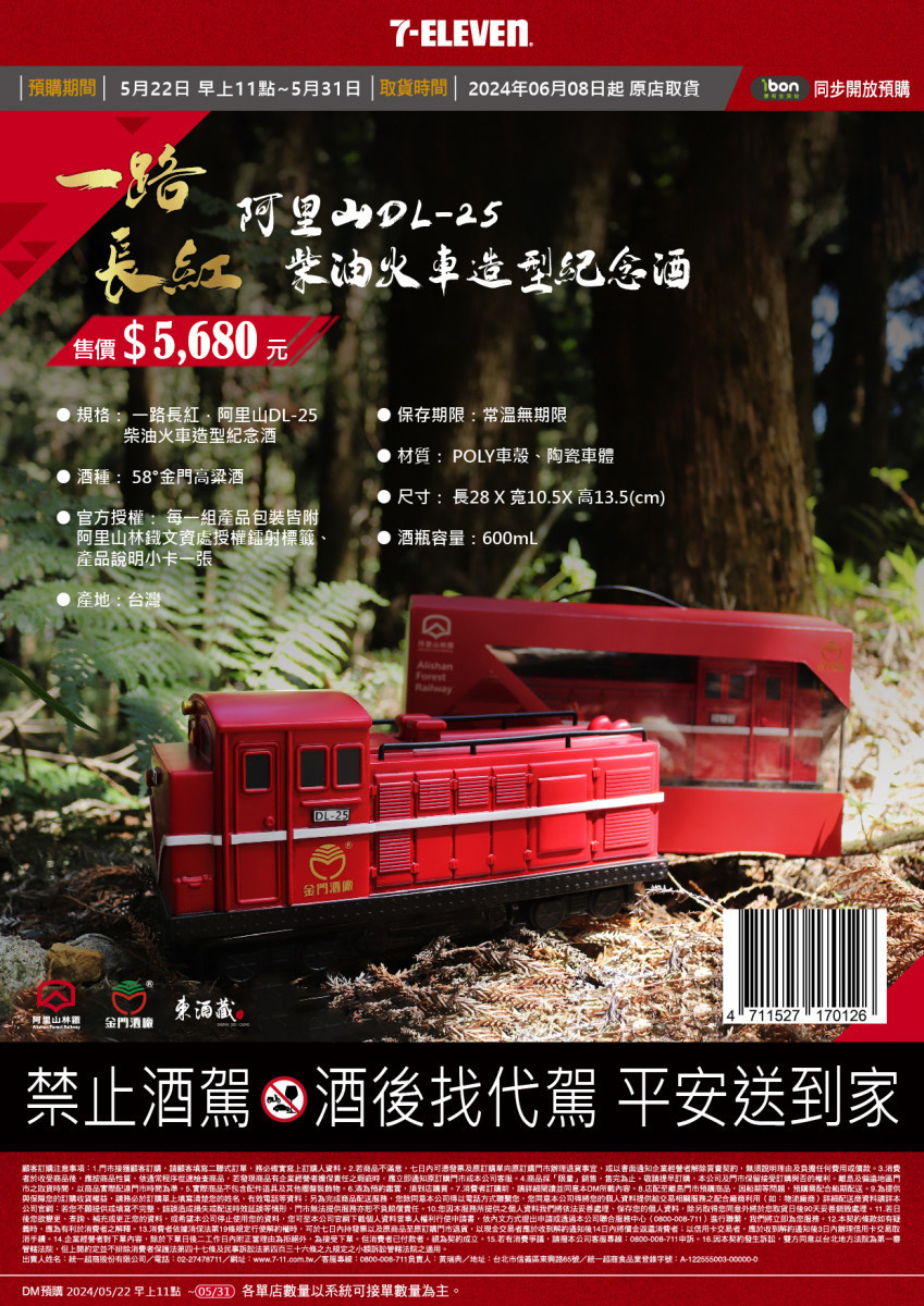 阿里山林鐵文資處授權東酒藏文創股份有限公司,與金門酒廠聯名合作推出柴油火車造型酒/東酒藏文創股份有限公司提供