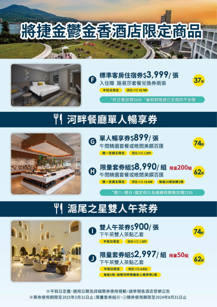 年還推出餐飲限量套券組,河畔餐廳套券每組10張8,990元,再加贈2張餐券,限量200組;滬尾之星下午茶套券每組3張2,997元,再加贈河畔餐廳單人暢享券乙張,限量50組。(圖 將捷金鬱金香酒店 提供)