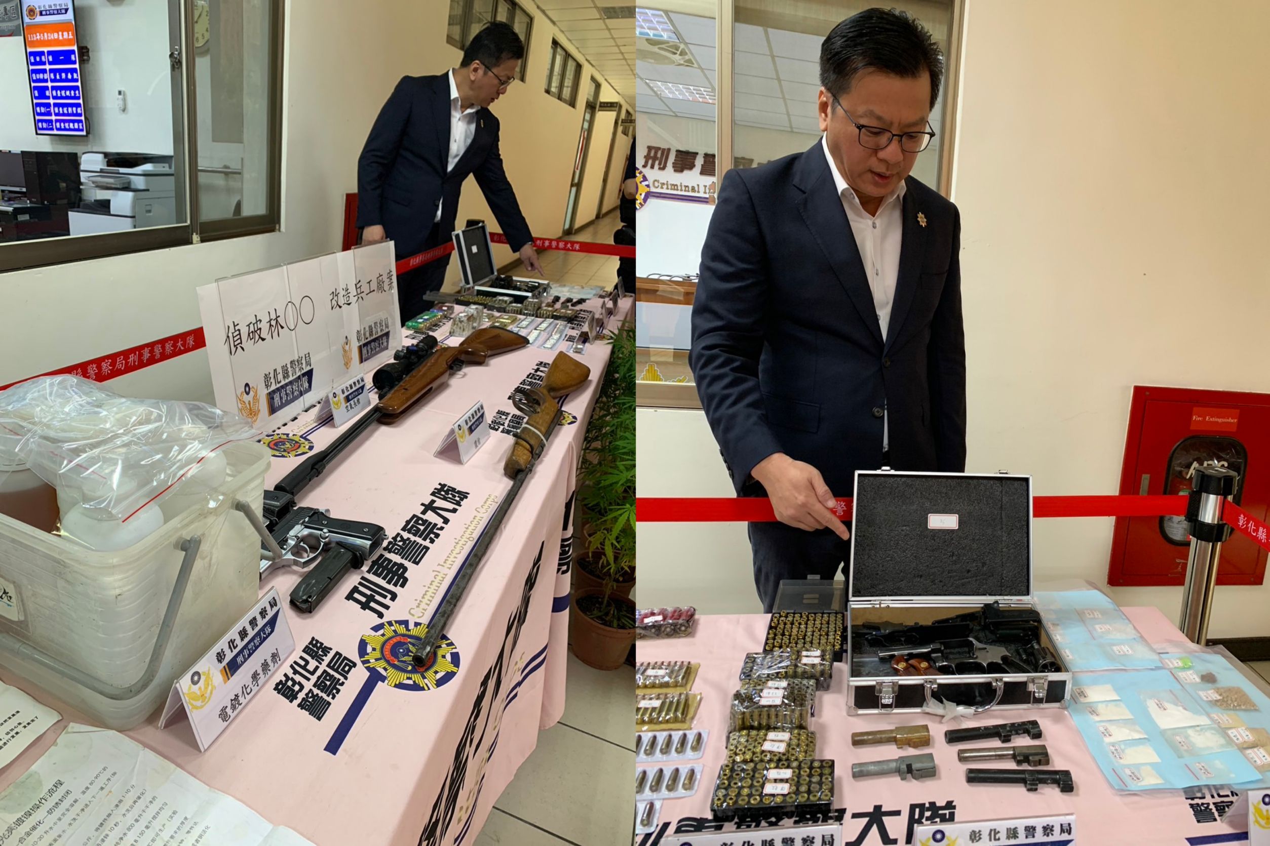 ▲彰化縣警局刑警大隊破獲掩藏在南投市地區民宅地下兵工廠，逮捕4名嫌犯，起出長短槍4支、子彈與霰彈共219顆，以及改造工具、毒品。（警方提供）