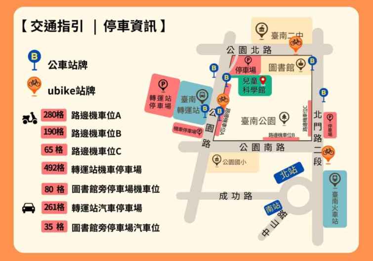 ▲南市兒童科學館交通指引及停車資訊（臺南市政府提供）