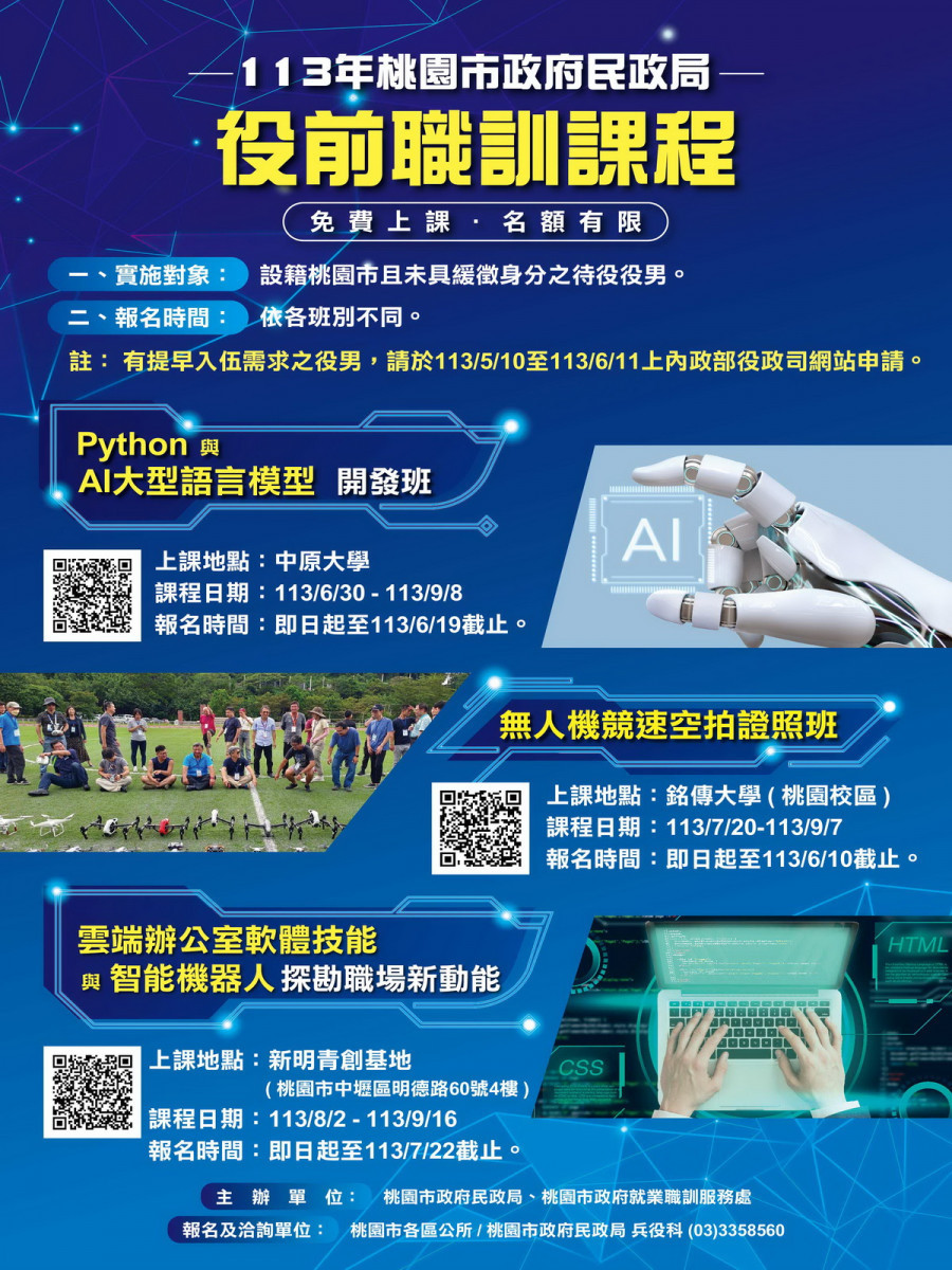 等待當兵不空轉,桃市府民政局攜手就服處提供免費AI職訓課程。