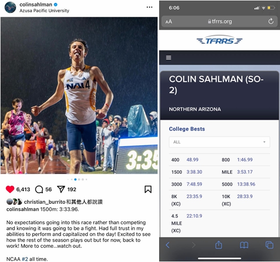 (圖片來自選手IG 以及 https://www.tfrrs.org/ 成績登錄網站)