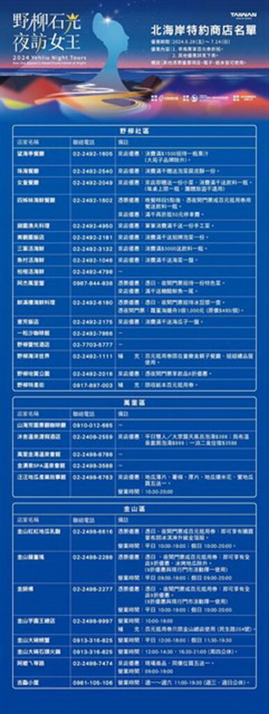 「2024野柳石光夜訪女王」北海岸特約商店名單