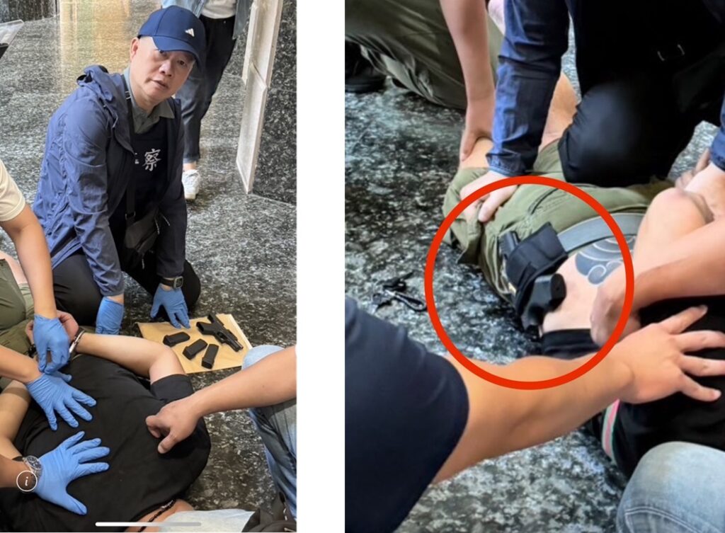 ▲圖說：高姓犯嫌擁槍自重，警方趁電梯打開的瞬間一擁而上將其逮捕               （圖／台中市政府提供）