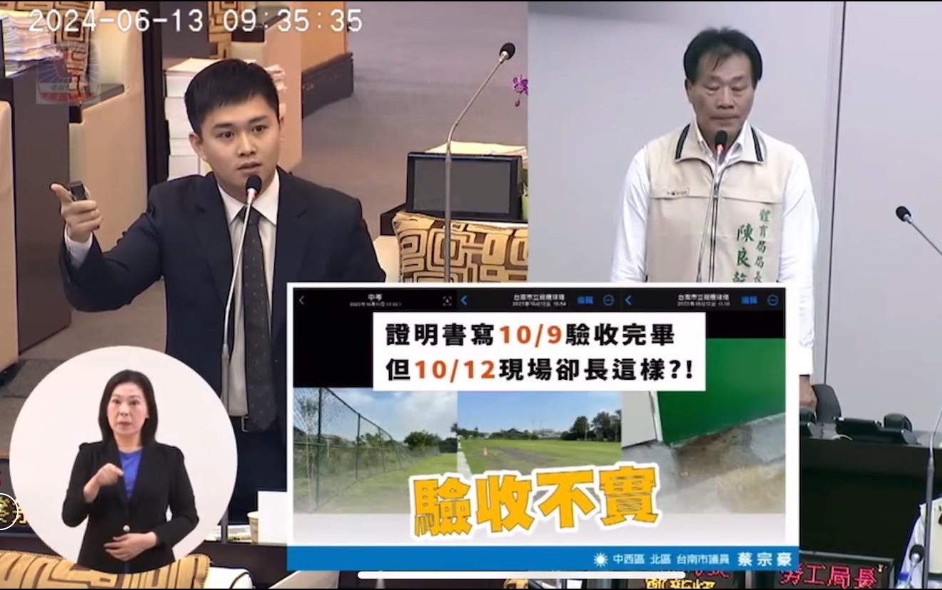 ▲台南市議員蔡宗豪今日於市政質詢揭發橄球球場工程弊案。(圖/記者陳彥霖翻攝)