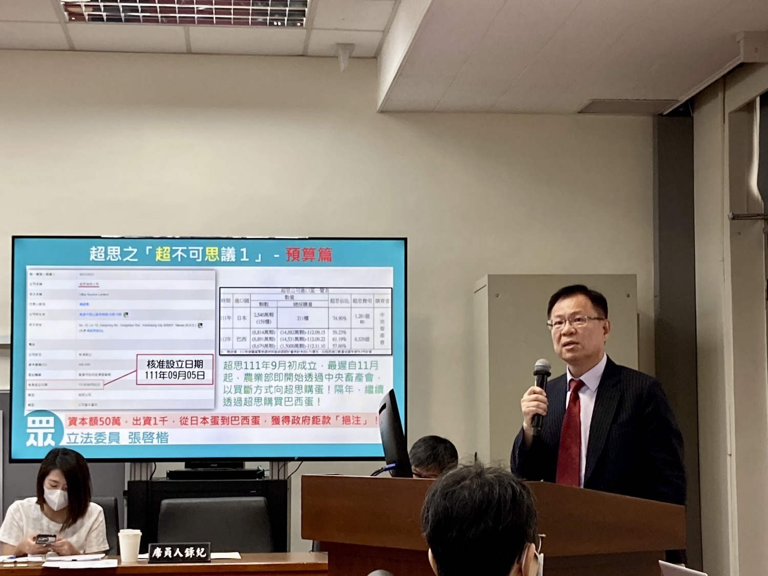 張啓楷表示,進口上億元的日本蛋竟沒合約,除了洗產地,還可以「洗經歷」,真的是「超級不可思議」。(圖/張啟楷國會辦公室)