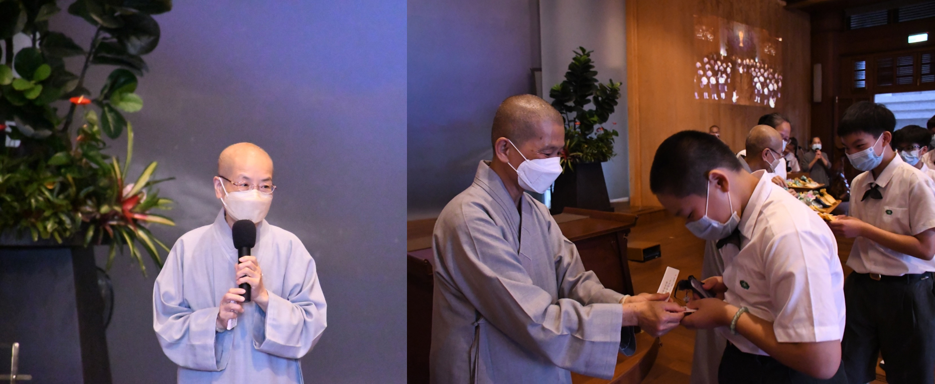 圖左:德耘師父勉勵大家,付出愈多,心中愛的種子愈多;圖右:師父們結緣靜思語書籤。