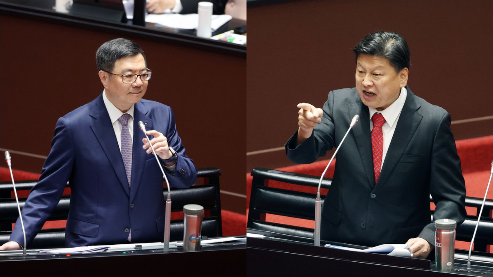 立法院19日審查行政院針對國會職權修法提出的覆議案,國民黨立法院黨團總召傅崐萁(右)在質詢時與行政院長卓榮泰(左)唇槍舌戰。中央社