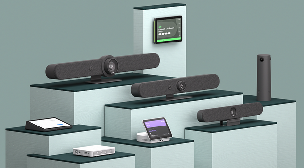 【圖七】Logitech 商務會議視訊設備系列，為企業量身打造不同大小的會議空間配置方案，搭配 AI RightSense 技術，享受高效優質的會議體驗。