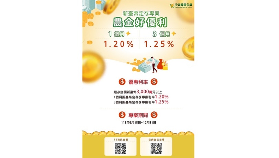 為慶祝成立19週年 全國農業金庫推出新臺幣大額定存優惠專案