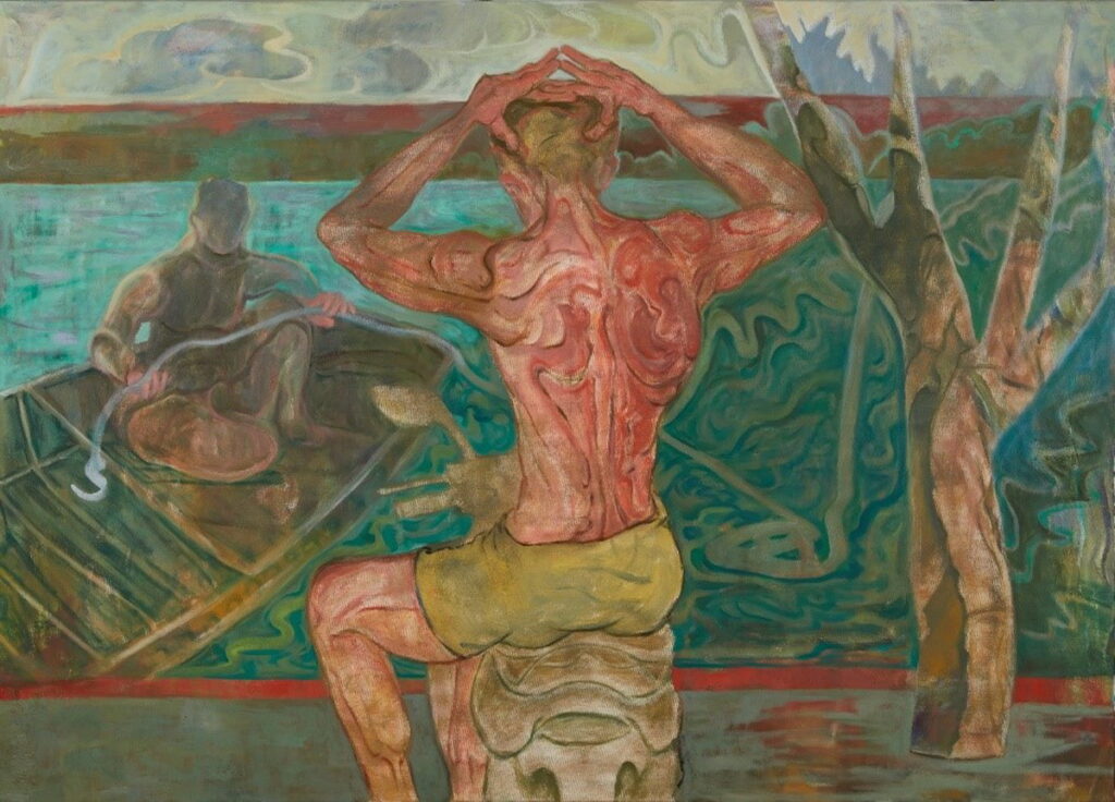 拉著水擰成的線漂泊〉111x155cm, 油彩、畫布, 2024