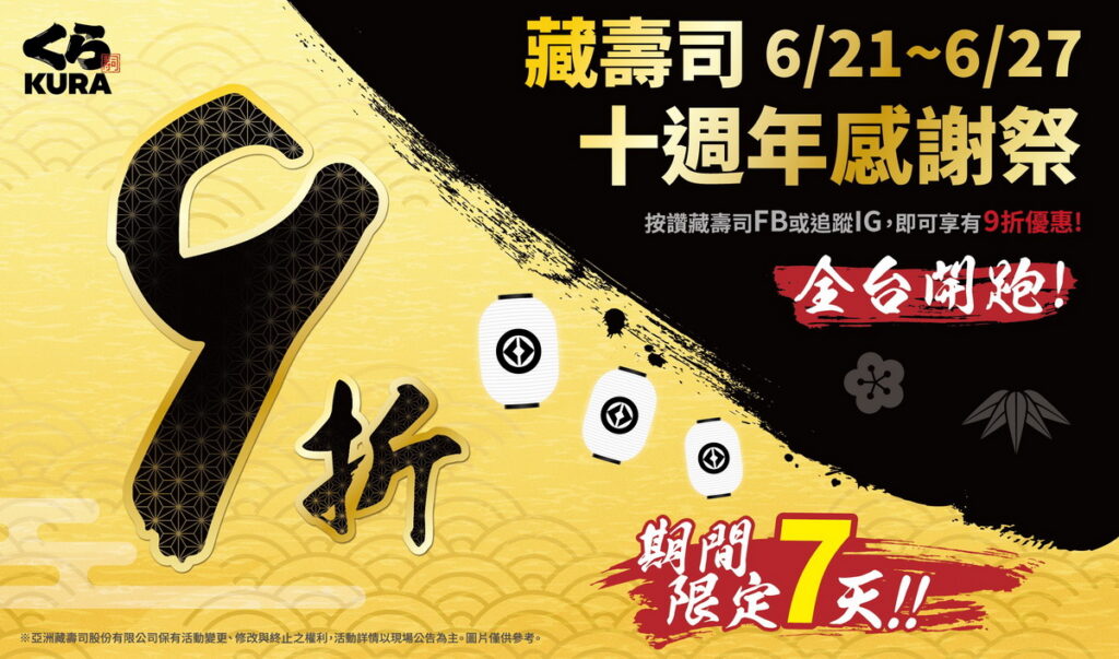藏壽司「十週年感謝祭」回饋廣大藏友！限時七天全台店鋪不限金額全面九折！