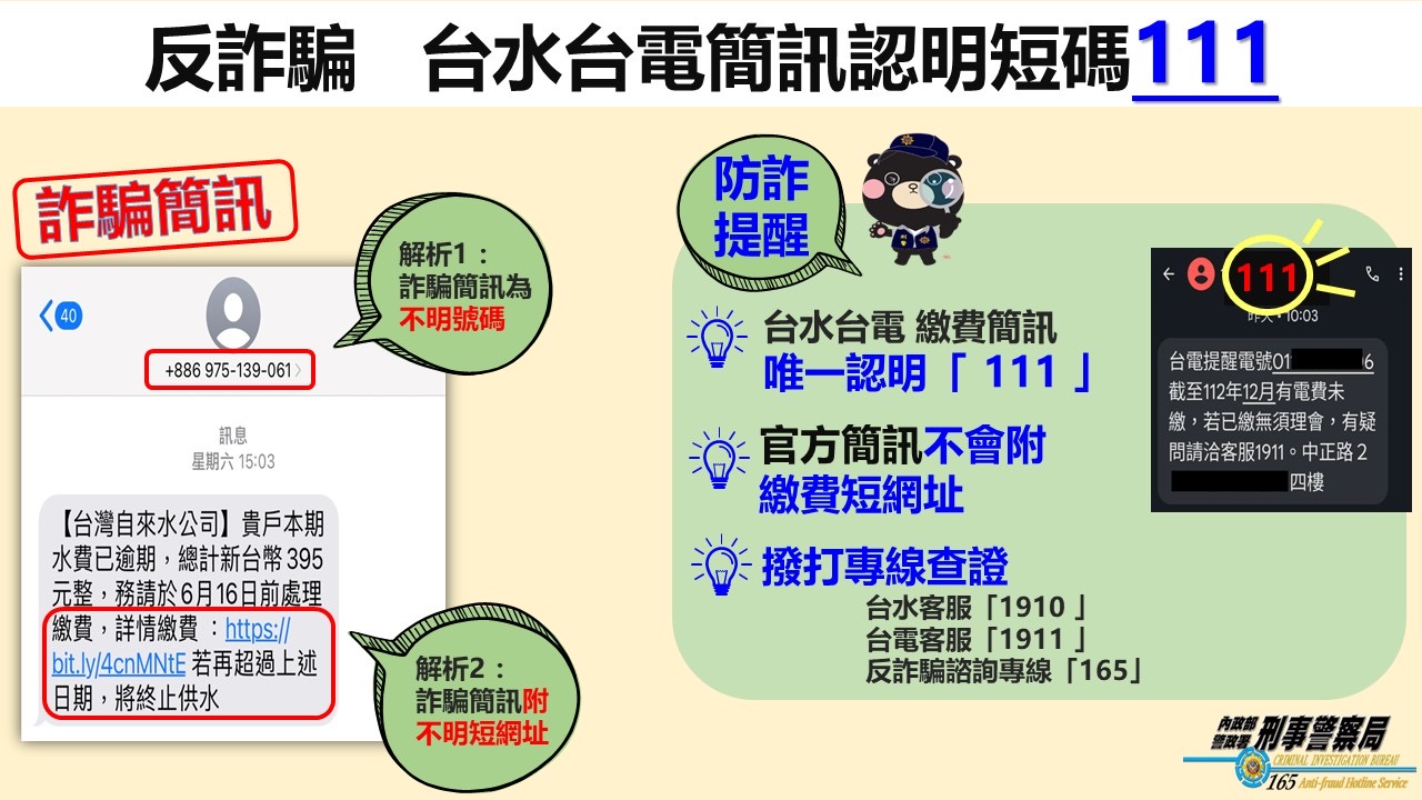 刑事局呼籲提防詐騙簡訊。(記者徐煜勝翻攝)